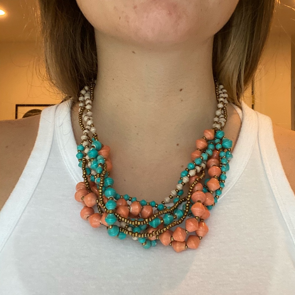 Coral, blue and gold necklace